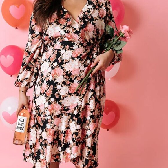 Plus Size Floral Wrap Dress Light pinks and blush hued floral print. - Picture 1 of 10